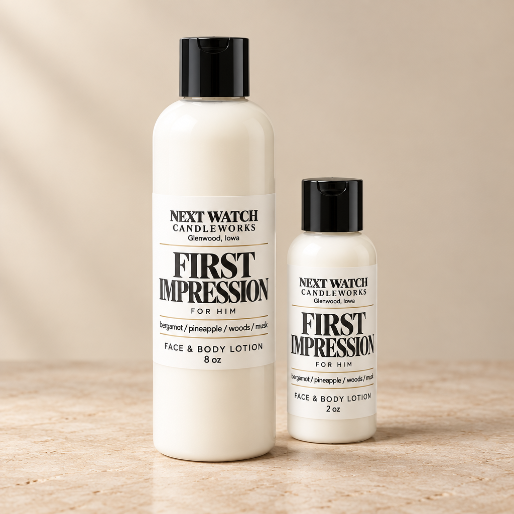 Two white bottles of Next Watch Candleworks First Impression Face & Body Lotion for men, one 8 oz and one 2 oz, standing on a beige stone surface against a matching beige background.