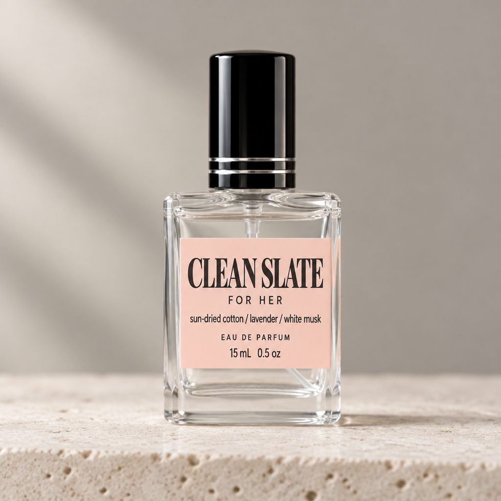 A 15 mL clear glass perfume bottle with a black cap and a pale pink label reading 'CLEAN SLATE FOR HER' on a textured beige surface against a soft gray background.