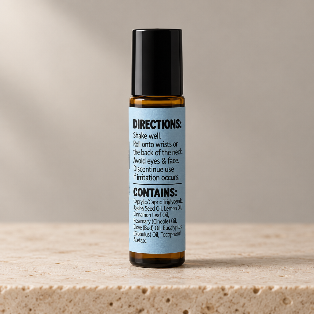 An amber glass roller bottle with a black cap and a light blue label, standing on a textured beige stone surface against a warm beige background. The label contains black text with directions and ingredients.