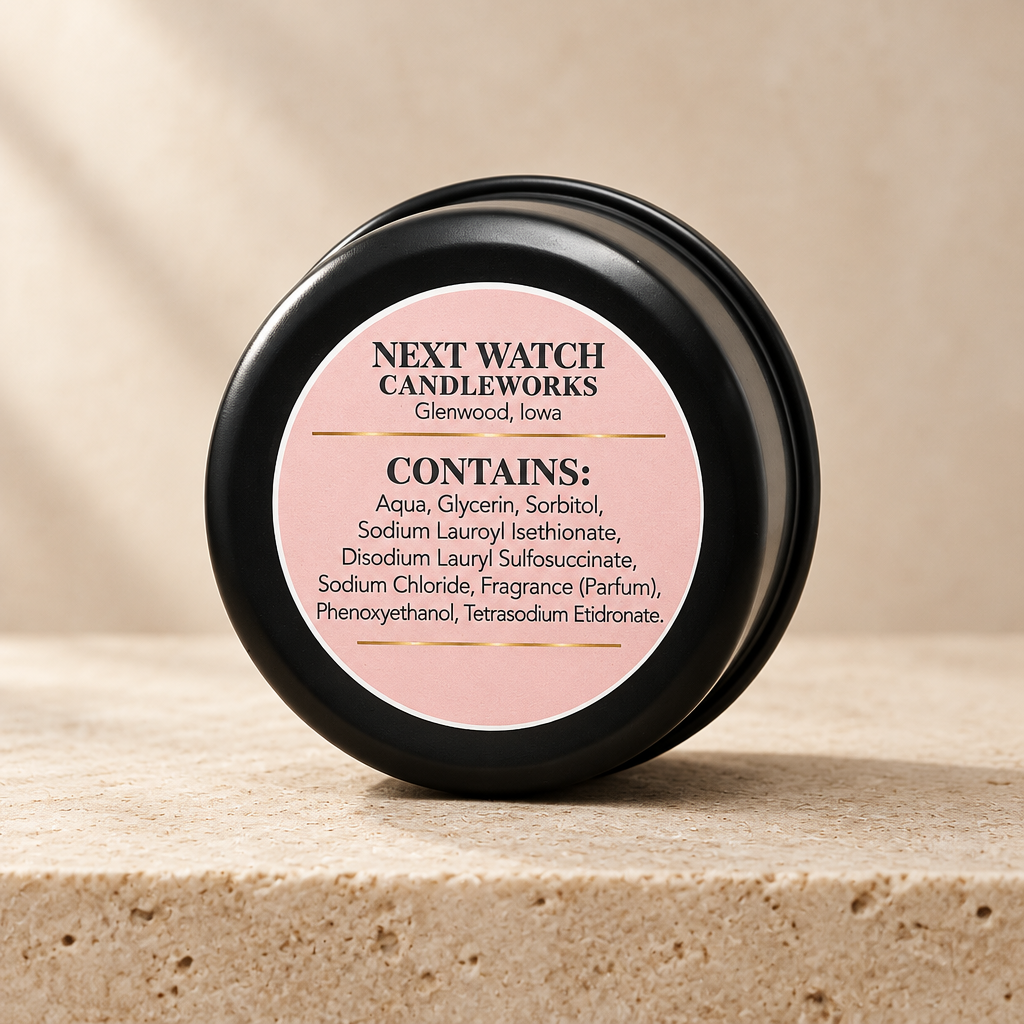 A round black metal tin of Next Watch Candleworks candle sits on a beige stone surface with a matching beige background. The lid features a pale pink label with black text detailing the brand and ingredients.