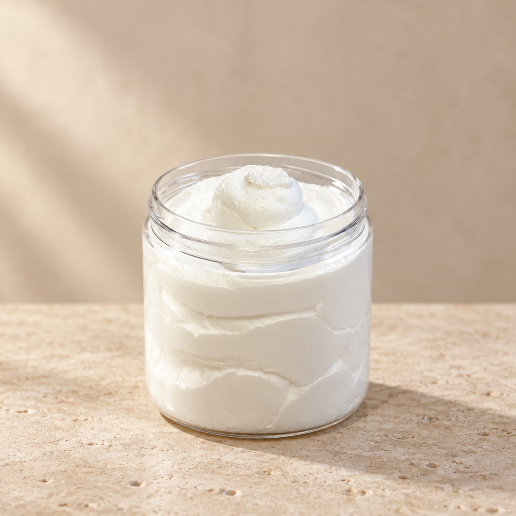 A clear plastic jar filled with thick white cream or balm, set on a light beige stone surface against a matching beige background.
