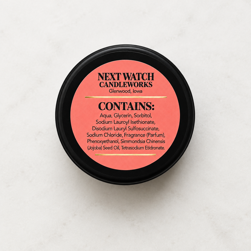 A round black metal tin of Next Watch Candleworks candle, featuring a coral pink label with black text detailing the ingredients, set against a light gray marble background.