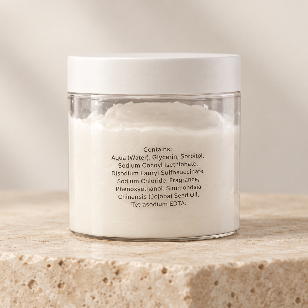 A clear cylindrical jar filled with a white cream or solid product, topped with a white lid, sitting on a light stone surface against a soft beige background. Black text on the front reads 'Contains: Aqua (Water), Glycerin, Sorbitol, Sodium Cocoyl Isethionate, Disodium Lauryl Sulfosuccinate, Sodium Chloride, Fragrance, Phenoxyethanol, Chinensis (Jojoba) Seed Oil, Tetrasodium EDTA.