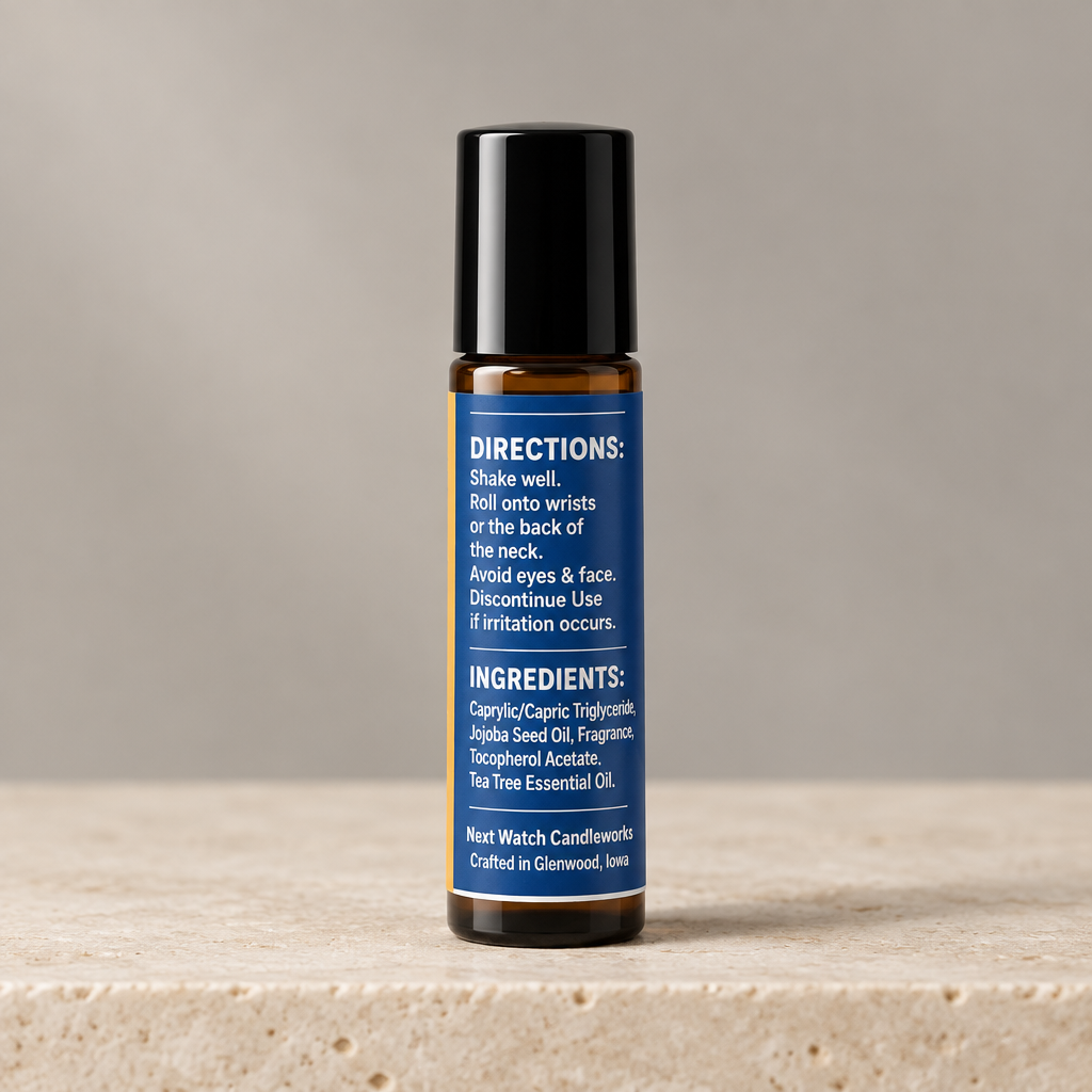A small amber glass roller bottle with a black cap and a blue label standing upright on a light stone surface against a warm beige background. The label reads 'DIRECTIONS:' and 'INGREDIENTS:' in white text, with 'Next Watch Candleworks'