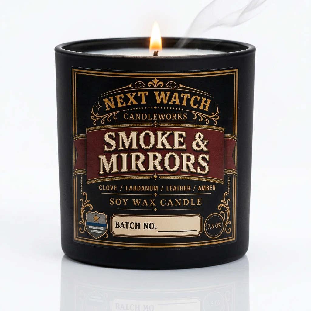 A white soy wax candle in a clear glass jar with a decorative black, red, and gold label reading 'NEXT WATCH CANDLEWORKS' and 'SMOKE & MIRRORS'. The candle is photographed on a black reflective surface against a black background.