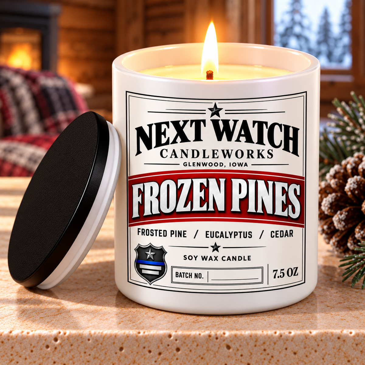 A lit soy wax candle in a white cylindrical jar with a black lid leaning beside it on a stone surface. The front label reads "NEXT WATCH CANDLEWORKS" and "FROZEN PINES," with pinecones and evergreen branches around it and a warm indoor background visible through the window.