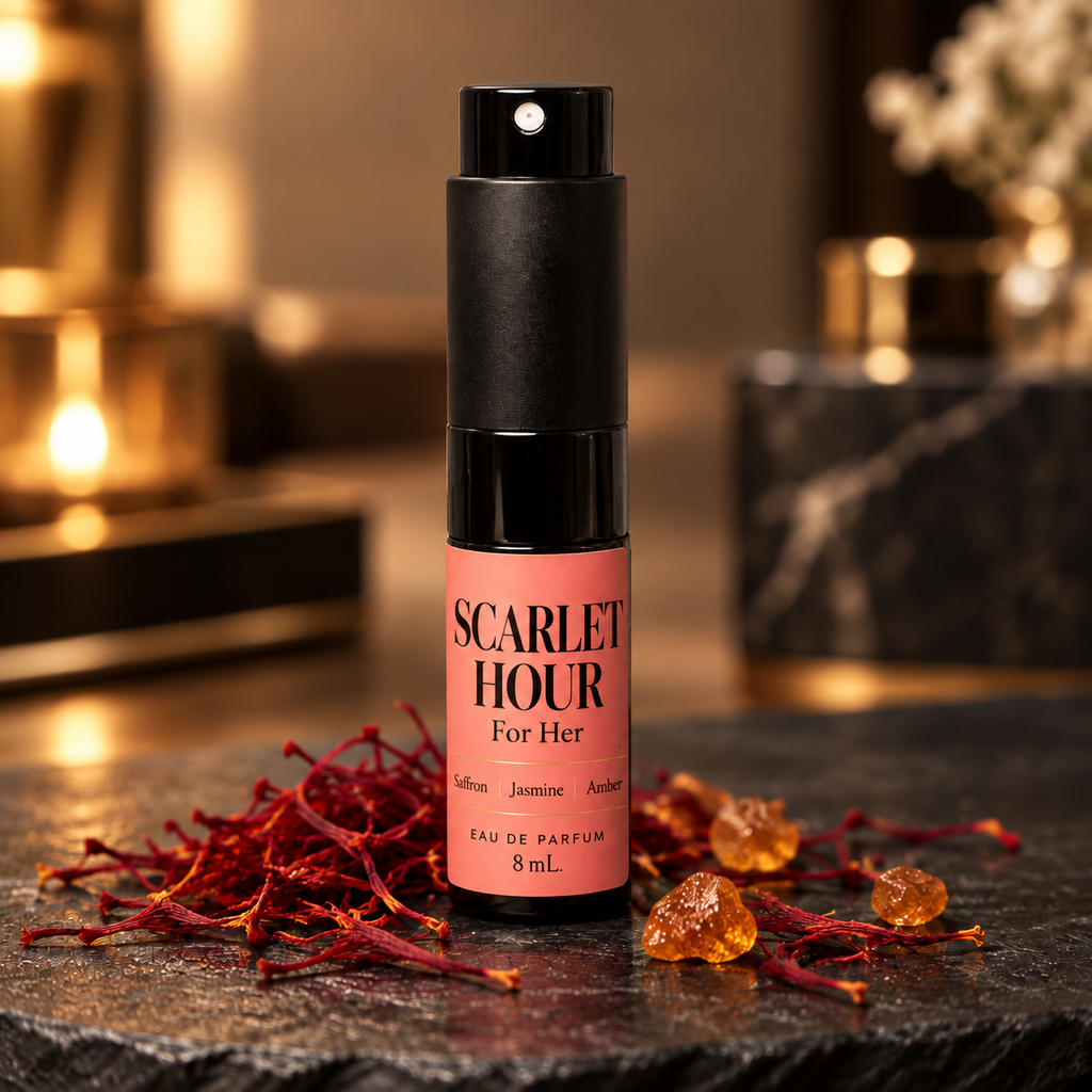 Scarlet Hour For Her Eau de Parfum 8 mL spray bottle with a black cap and a coral pink label, styled on a dark slate with red petals and amber crystals against a warm, blurred background.