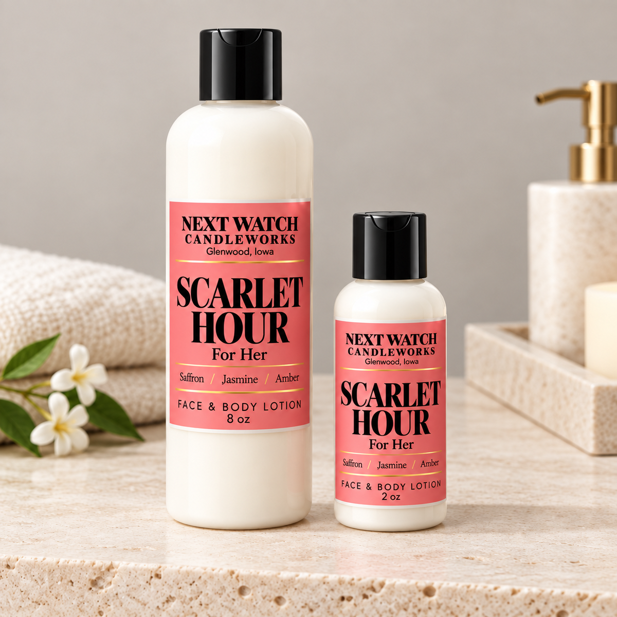 Suggestion


Two bottles of Next Watch Candleworks Scarlet Hour Face & Body Lotion in a clean, styled setting. The larger bottle is 8 oz and the smaller bottle is 2 oz, both with black caps and pink labels, set on a light stone surface with a soap dispenser in the background.