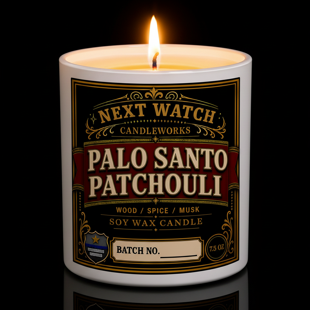 A white ceramic candle jar with a decorative black, red, and gold label reading 'NEXT WATCH CANDLEWORKS' and 'PALO SANTO PATCHOULI'. The candle is photographed on a black background with warm light glowing around the jar edges and a reflection below.